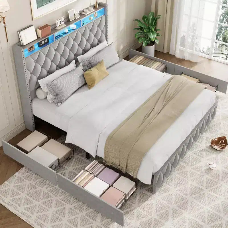 Queen Bed Frame with 50.8 Tall Upholstered Headboard, Velvet Platform Bed with 4 Storage Drawers, USB Charging Station & Lights Grey