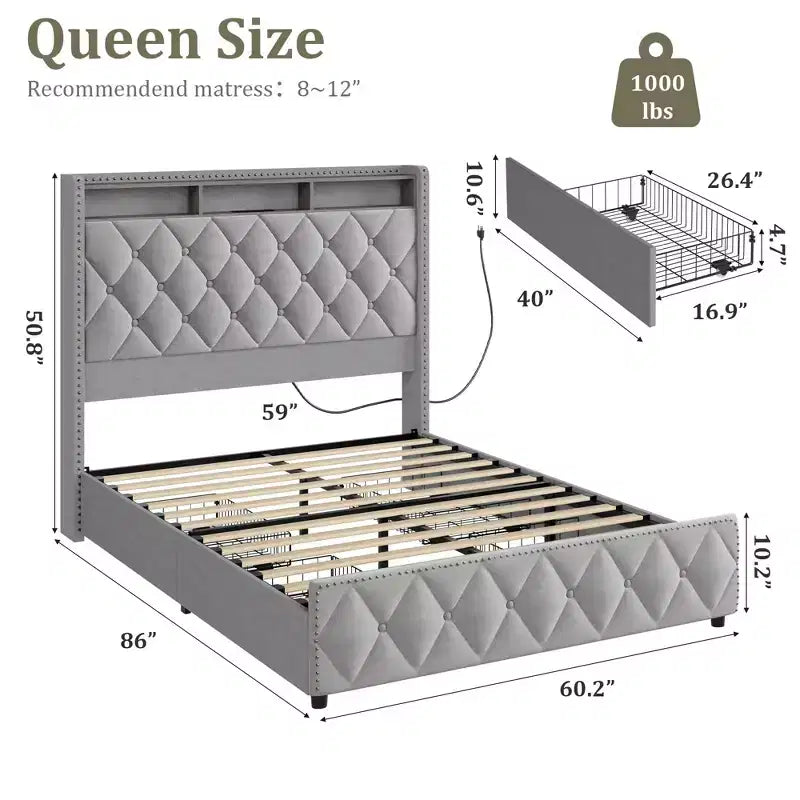 Struttura letto matrimoniale con testiera imbottita alta 50,8 cm, letto a piattaforma in velluto con 4 cassetti portaoggetti, stazione di ricarica USB e luci grigio