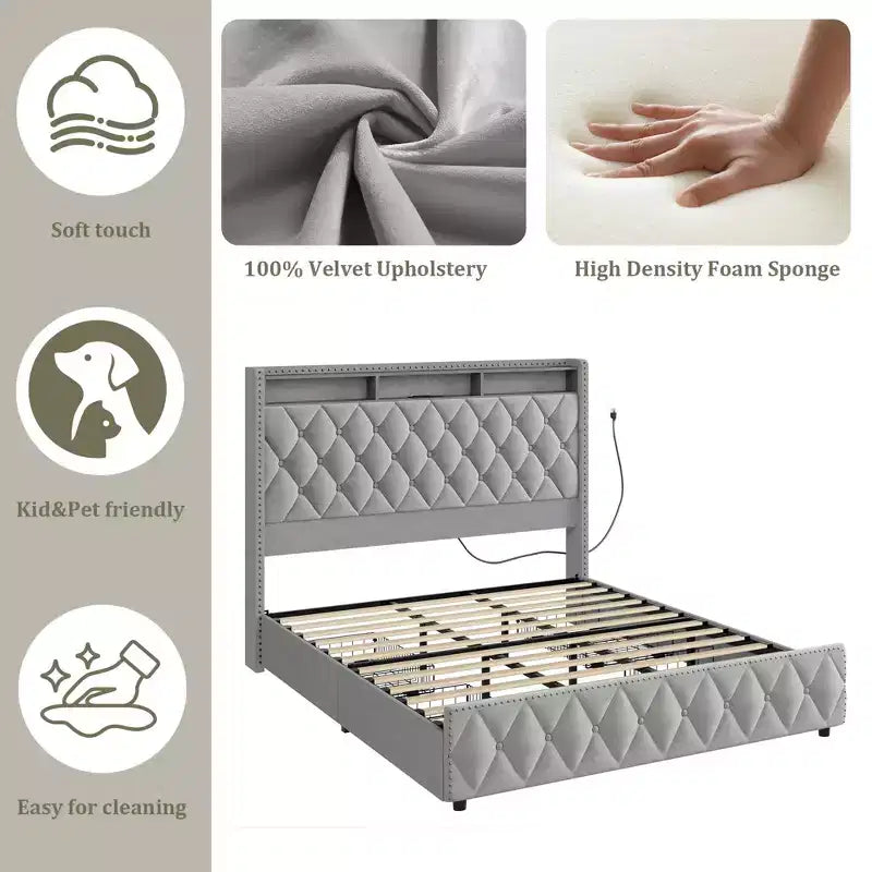 Struttura letto matrimoniale con testiera imbottita alta 50,8 cm, letto a piattaforma in velluto con 4 cassetti portaoggetti, stazione di ricarica USB e luci grigio