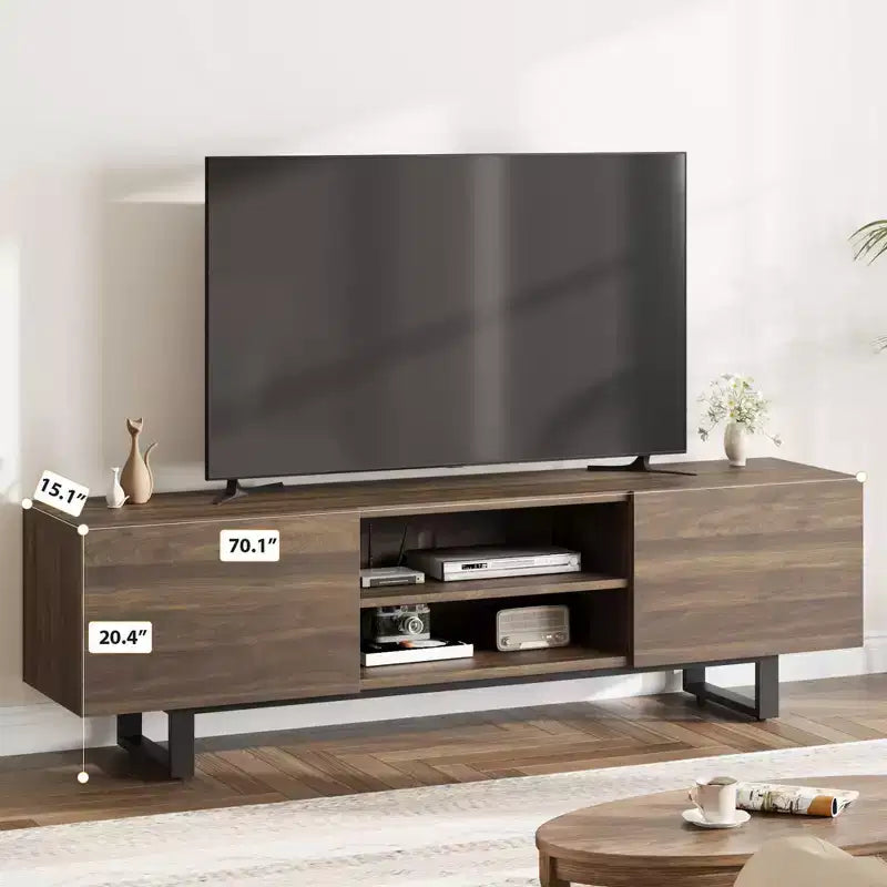 Mobile TV moderno per TV da 65/75/80 pollici, mobile per intrattenimento da 70 con 2 cassetti e ripiani aperti, mobile console multimediale in legno resistente con gambe in metallo