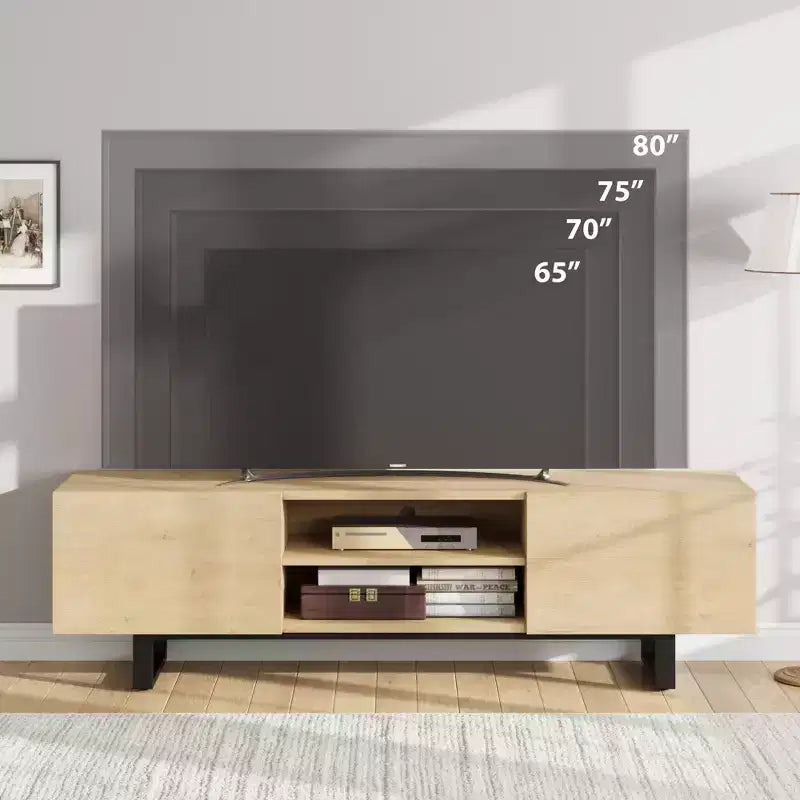 Mobile TV moderno per TV da 65/75/80 pollici, mobile per intrattenimento da 70 con 2 cassetti e ripiani aperti, mobile console multimediale in legno resistente con gambe in metallo