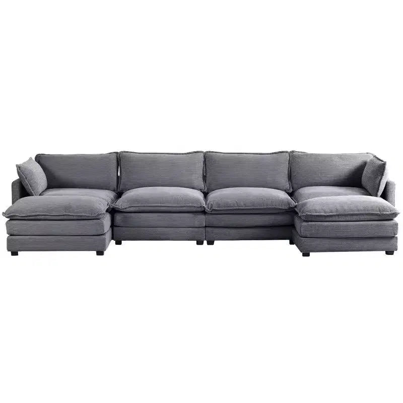 Ampio divano sezionale a U in velluto a coste con 2 pouf mobili - Comfort modulare per un soggiorno moderno