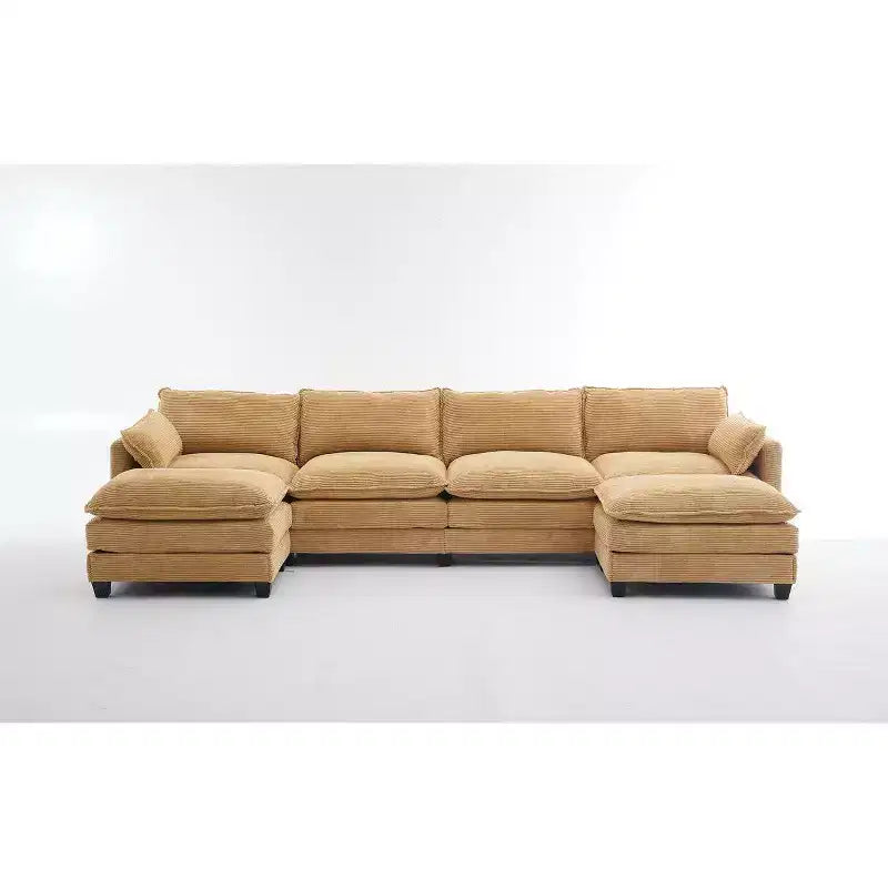 Ampio divano sezionale a U in velluto a coste con 2 pouf mobili - Comfort modulare per un soggiorno moderno