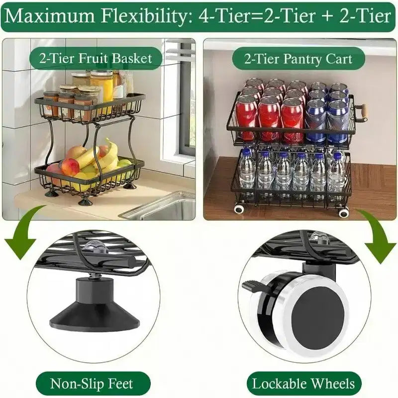 Cesto di frutta a 4 ripiani, carrello da cucina con ruote per riporre frutta, patate, cipolle, snack, verdure, pane, prodotti freschi