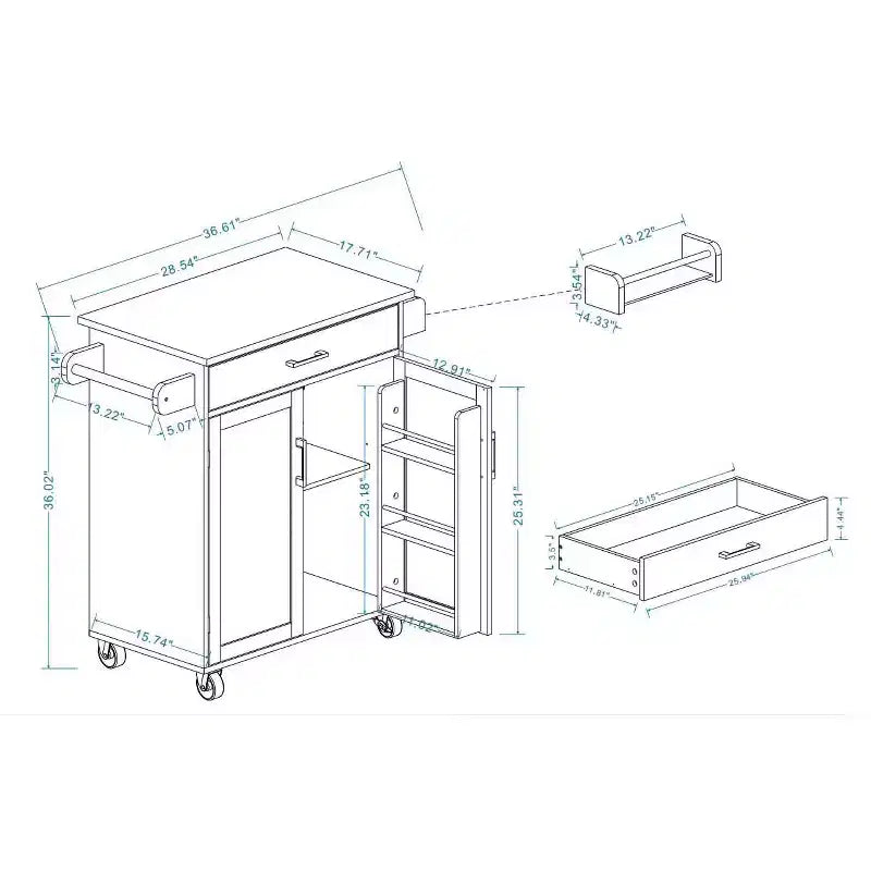 Carrello da Cucina Bianco con Ruote, Piano in Legno di Gomma, 1 Cassetto, 2 Ante, Ripiani Regolabili