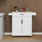 Carrello da Cucina Bianco con Ruote, Piano in Legno di Gomma, 1 Cassetto, 2 Ante, Ripiani Regolabili