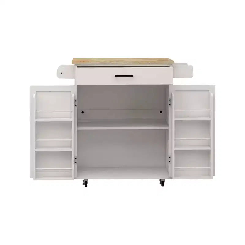 Carrello da Cucina Bianco con Ruote, Piano in Legno di Gomma, 1 Cassetto, 2 Ante, Ripiani Regolabili