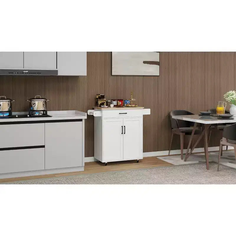Carrello da Cucina Bianco con Ruote, Piano in Legno di Gomma, 1 Cassetto, 2 Ante, Ripiani Regolabili