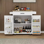 Carrello da Cucina Bianco con Ruote, Piano in Legno di Gomma, 1 Cassetto, 2 Ante, Ripiani Regolabili