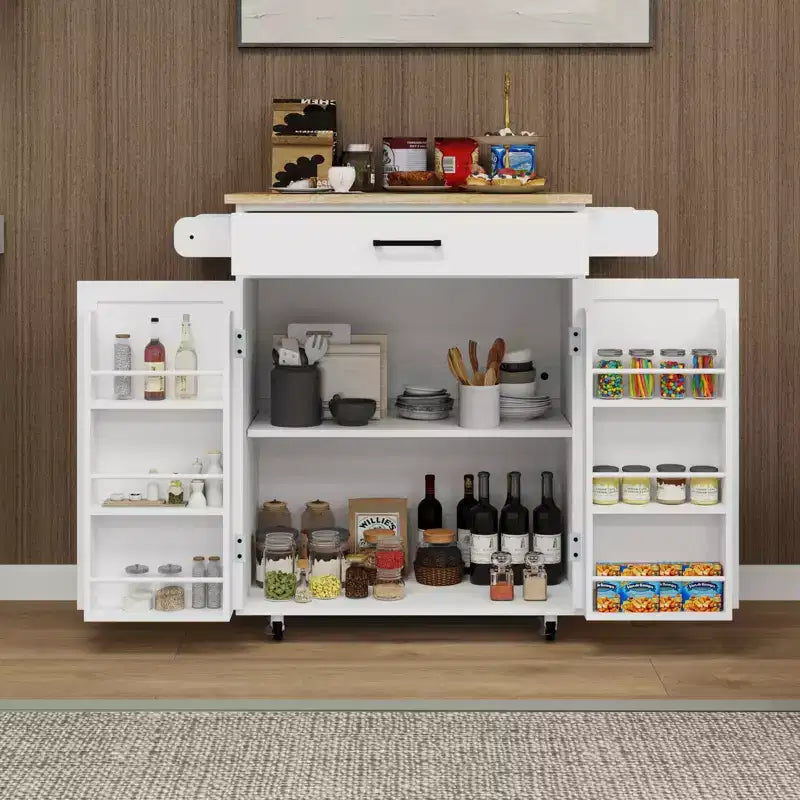 Carrello da Cucina Bianco con Ruote, Piano in Legno di Gomma, 1 Cassetto, 2 Ante, Ripiani Regolabili