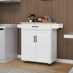 Carrello da Cucina Bianco con Ruote, Piano in Legno di Gomma, 1 Cassetto, 2 Ante, Ripiani Regolabili