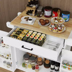 Carrello da Cucina Bianco con Ruote, Piano in Legno di Gomma, 1 Cassetto, 2 Ante, Ripiani Regolabili