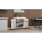Carrello da Cucina Bianco con Ruote, Piano in Legno di Gomma, 1 Cassetto, 2 Ante, Ripiani Regolabili