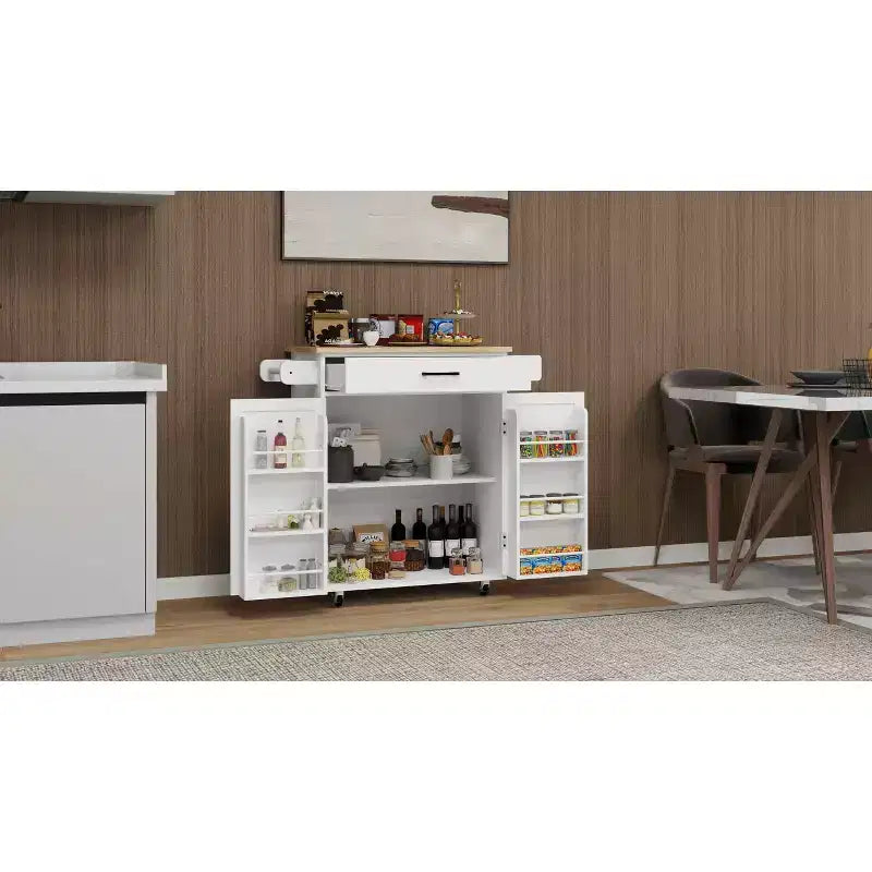 Carrello da Cucina Bianco con Ruote, Piano in Legno di Gomma, 1 Cassetto, 2 Ante, Ripiani Regolabili