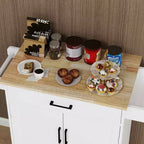 Carrello da Cucina Bianco con Ruote, Piano in Legno di Gomma, 1 Cassetto, 2 Ante, Ripiani Regolabili