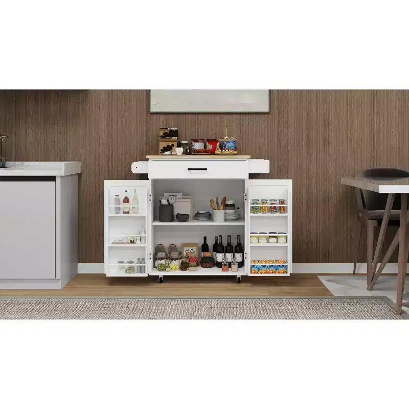 Carrello da Cucina Bianco con Ruote, Piano in Legno di Gomma, 1 Cassetto, 2 Ante, Ripiani Regolabili