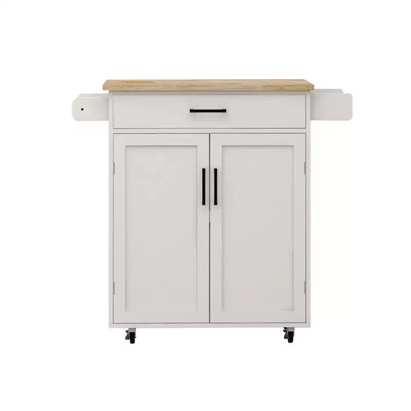 Carrello da Cucina Bianco con Ruote, Piano in Legno di Gomma, 1 Cassetto, 2 Ante, Ripiani Regolabili