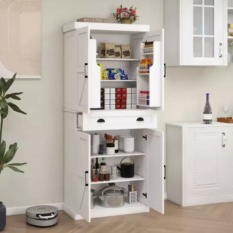 Dispensa da Cucina Bianca 71, 4 Ante (2 con Ripiani a Giorno), 1 Cassetto, 2 Ripiani Regolabili