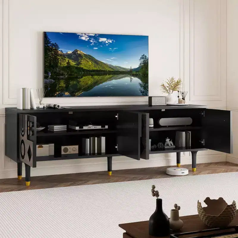 Mobile TV Mid-Century per TV fino a 80 pollici, Console multimediale moderna con 4 ante intagliate, Centro di intrattenimento da 70 pollici con contenitore per soggiorno