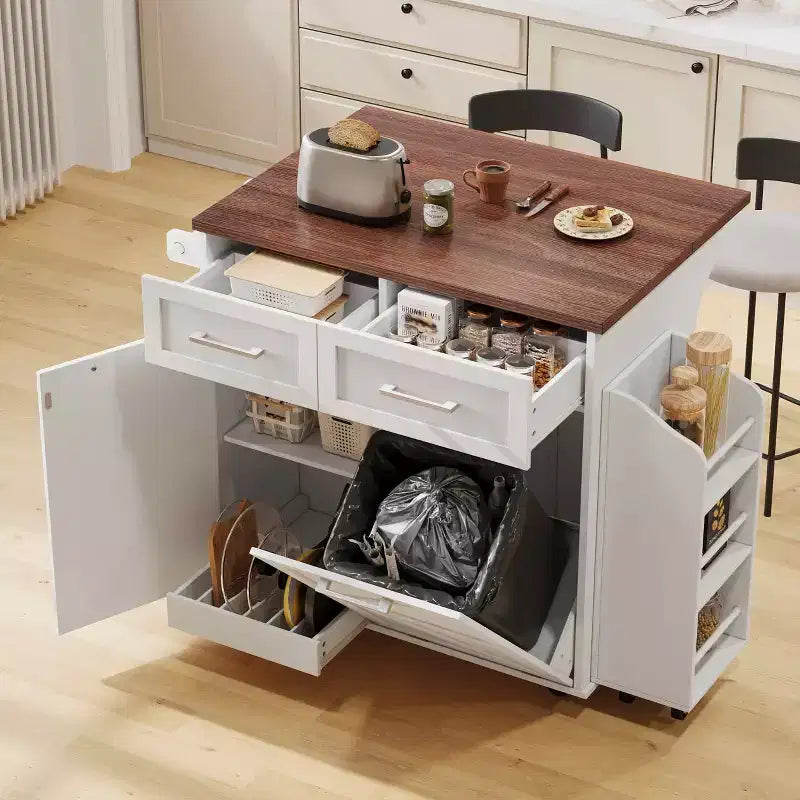 Isola da Cucina 47.2 Bianca in Stile Rustico con Anta a Ribalta, Carrello con Rotelle 2 Cassetti, Ripiani Rimovibili, Portasciugamani