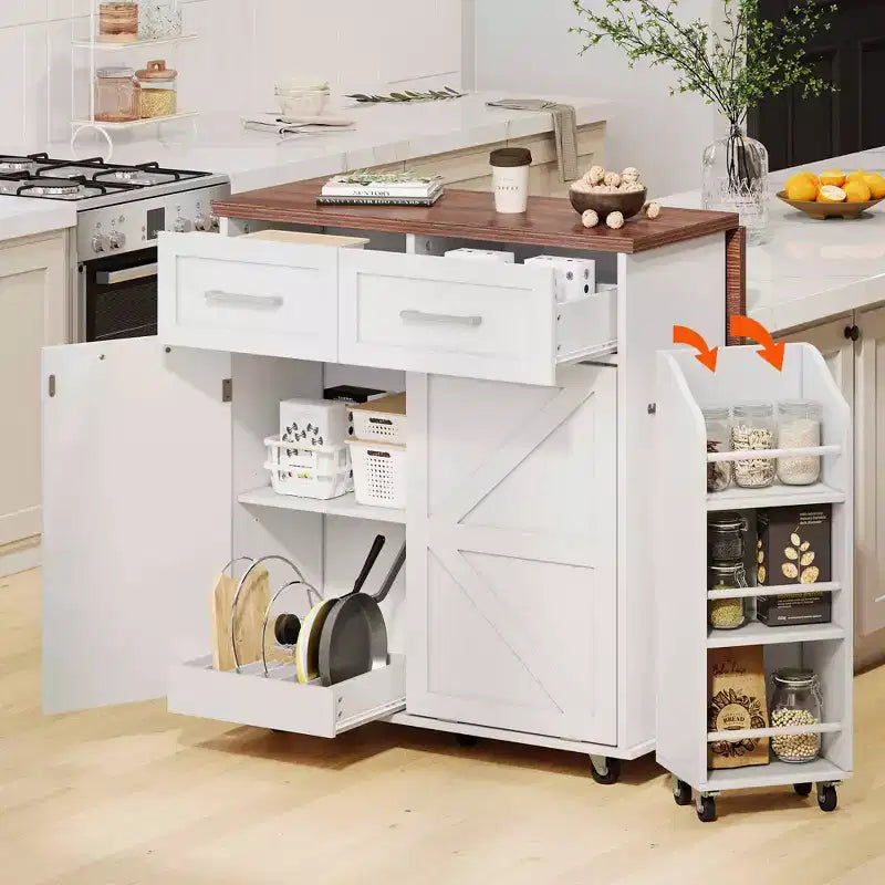 Isola da Cucina 47.2 Bianca in Stile Rustico con Anta a Ribalta, Carrello con Rotelle 2 Cassetti, Ripiani Rimovibili, Portasciugamani