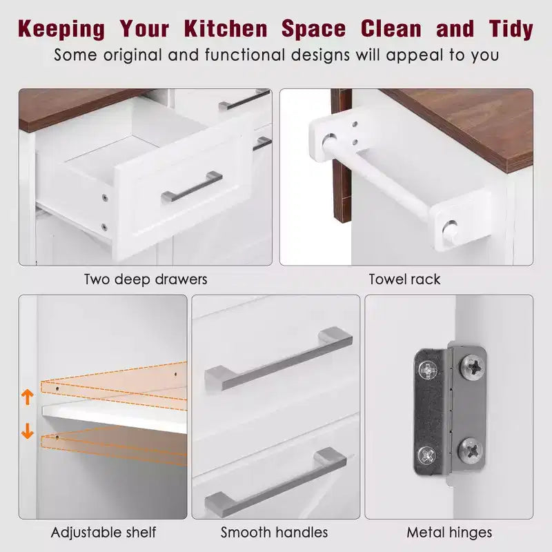 Isola da Cucina 47.2 Bianca in Stile Rustico con Anta a Ribalta, Carrello con Rotelle 2 Cassetti, Ripiani Rimovibili, Portasciugamani