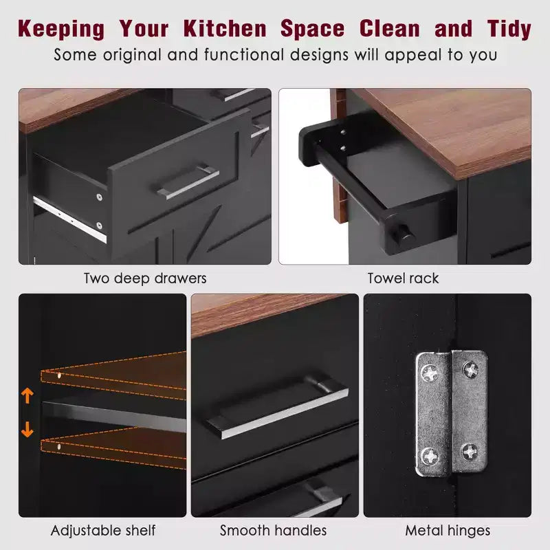 Isola da Cucina 47.2 Bianca in Stile Rustico con Anta a Ribalta, Carrello con Rotelle 2 Cassetti, Ripiani Rimovibili, Portasciugamani