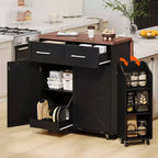 Isola da Cucina 47.2 Bianca in Stile Rustico con Anta a Ribalta, Carrello con Rotelle 2 Cassetti, Ripiani Rimovibili, Portasciugamani