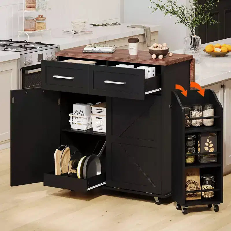 Isola da Cucina 47.2 Bianca in Stile Rustico con Anta a Ribalta, Carrello con Rotelle 2 Cassetti, Ripiani Rimovibili, Portasciugamani