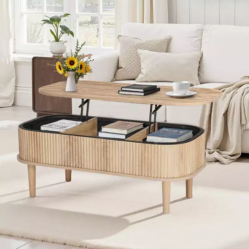 Tavolino da caffè sollevabile da 39,4 pollici, tavolino da caffè ovale scanalato con 3 scomparti nascosti, scrivania ovale centrale in legno di metà secolo, piano del tavolo sollevabile, beige