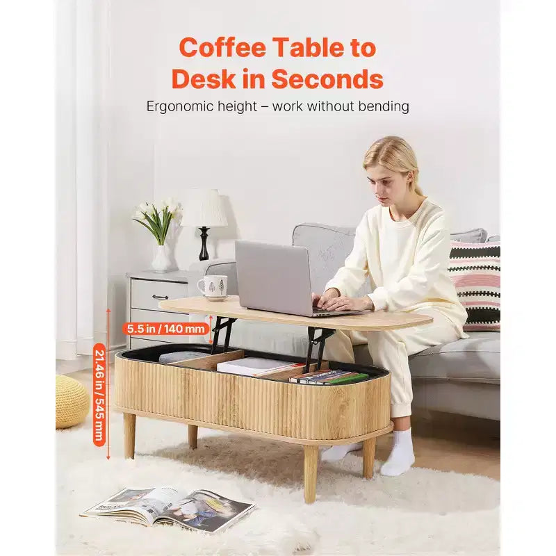 Tavolino da caffè sollevabile da 39,4 pollici, tavolino da caffè ovale scanalato con 3 scomparti nascosti, scrivania ovale centrale in legno di metà secolo, piano del tavolo sollevabile, beige