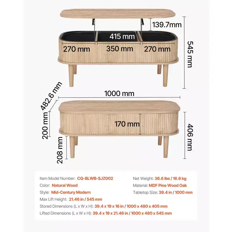 Tavolino da caffè sollevabile da 39,4 pollici, tavolino da caffè ovale scanalato con 3 scomparti nascosti, scrivania ovale centrale in legno di metà secolo, piano del tavolo sollevabile, beige
