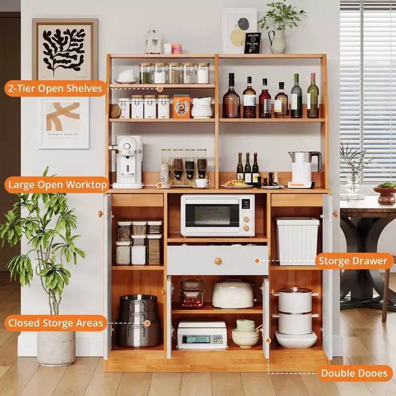 Mobile credenza da caffè da fattoria con 4 ante, mobiletto da cucina in legno con ripiani regolabili per sala da pranzo e soggiorno