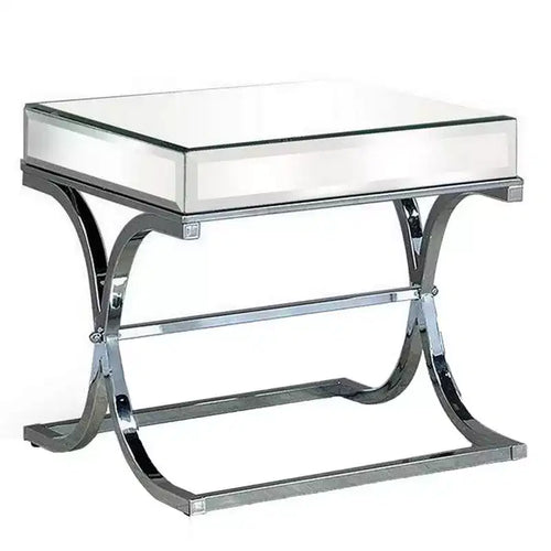 Royal Hampton 24 Inch Side End Table, Mirrored Panels, Curved Crossed Base, Chrome
