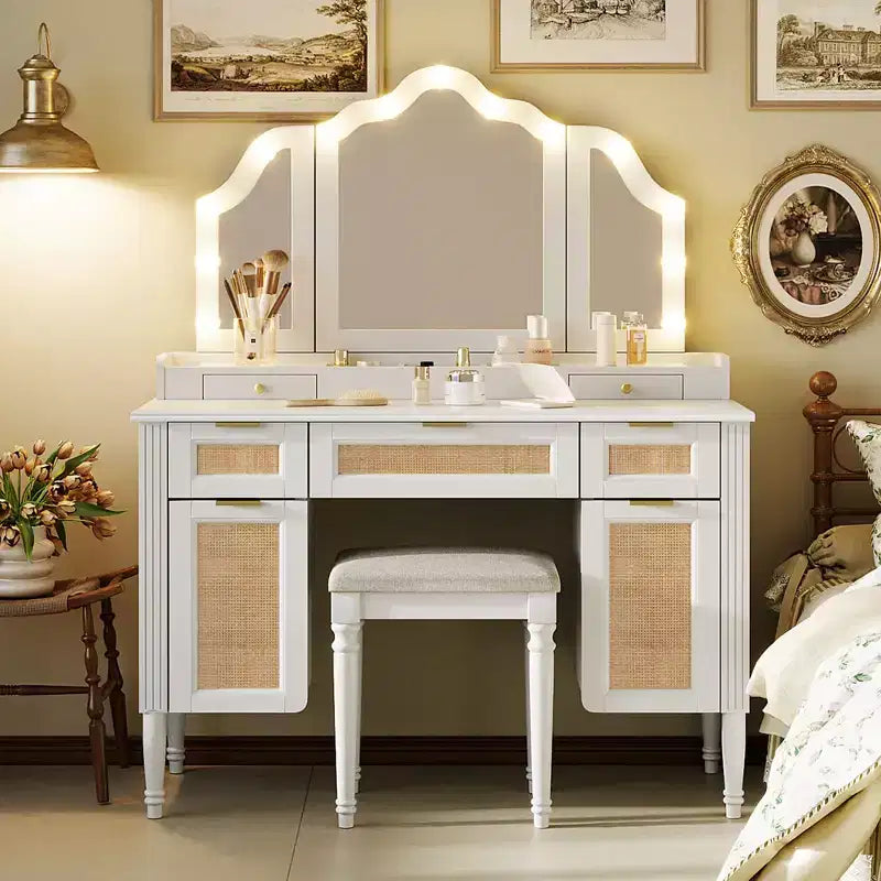 Makeup Vanity Desk Vanity Table Dressing Table with 13 Bulbs, Tri-Fold Mirror, Charging Station & Storage Drawers, White - ModernLuxe