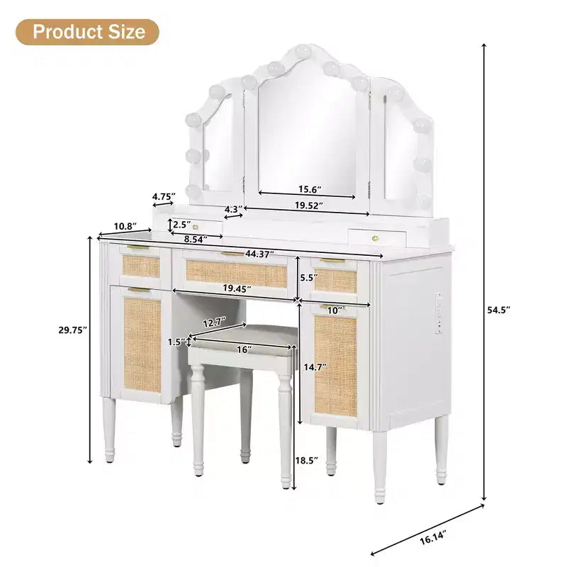 Toeletta Trucco con 13 Lampadine, Specchio Tri-Fold, Stazione di Ricarica e Cassetti, Bianco