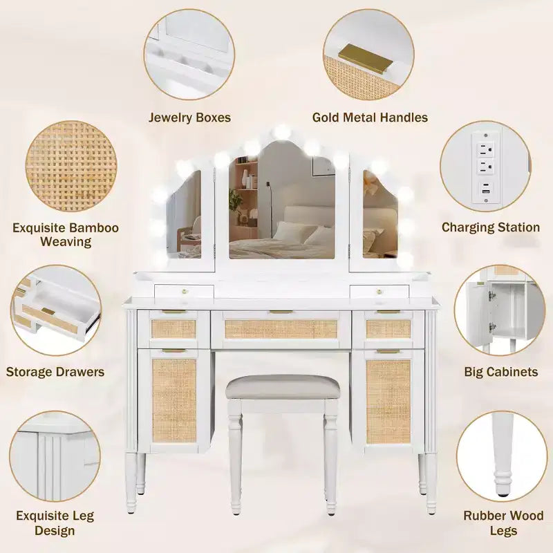 Toeletta Trucco con 13 Lampadine, Specchio Tri-Fold, Stazione di Ricarica e Cassetti, Bianco