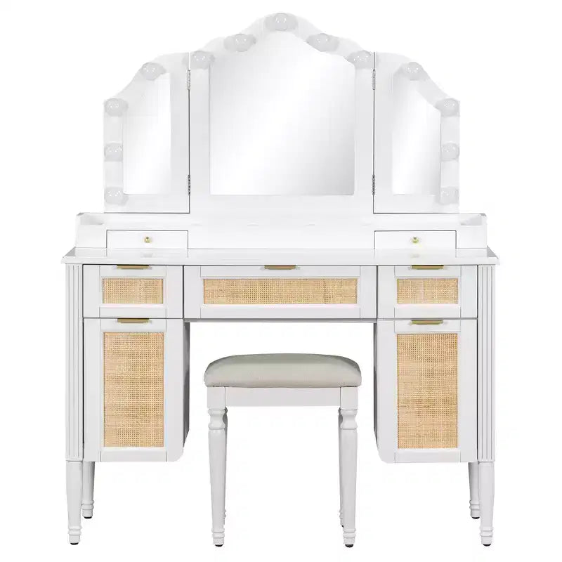 Toeletta Trucco con 13 Lampadine, Specchio Tri-Fold, Stazione di Ricarica e Cassetti, Bianco