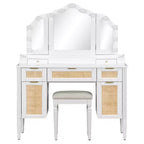 Toeletta Trucco con 13 Lampadine, Specchio Tri-Fold, Stazione di Ricarica e Cassetti, Bianco