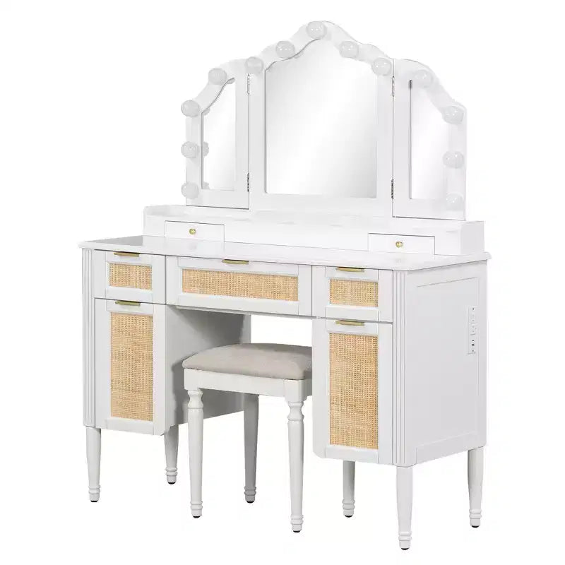Toeletta Trucco con 13 Lampadine, Specchio Tri-Fold, Stazione di Ricarica e Cassetti, Bianco