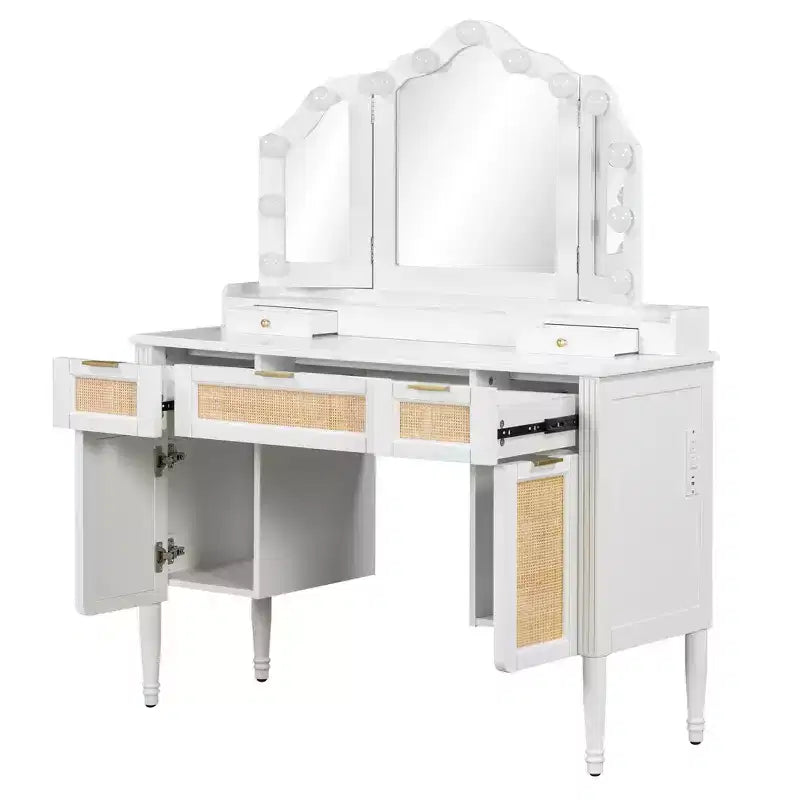 Toeletta Trucco con 13 Lampadine, Specchio Tri-Fold, Stazione di Ricarica e Cassetti, Bianco
