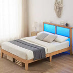 King Size Rattan Bed Frame, Rattan King Bed Frame with Natural Headboard, LED Lights, Wood Foundation with Silent Slats, No Box Spring Needed