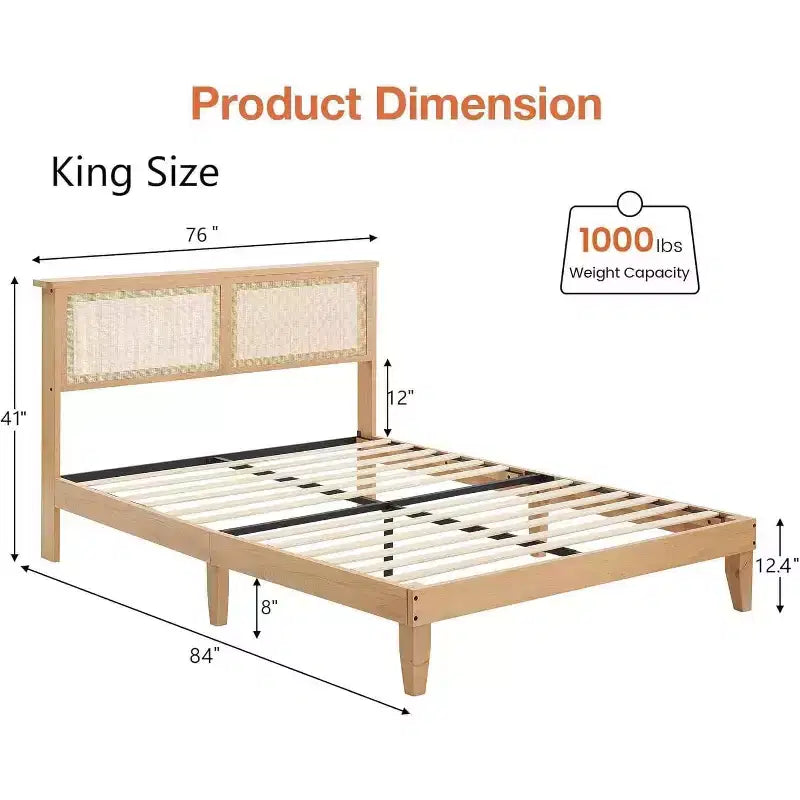 Struttura letto King Size in Rattan, Struttura letto matrimoniale in Rattan con Testiera Naturale, Luci a LED, Base in Legno con Doghe Silenziose, Nessuna necessità di Rete a Molle