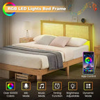 Struttura letto King Size in Rattan, Struttura letto matrimoniale in Rattan con Testiera Naturale, Luci a LED, Base in Legno con Doghe Silenziose, Nessuna necessità di Rete a Molle