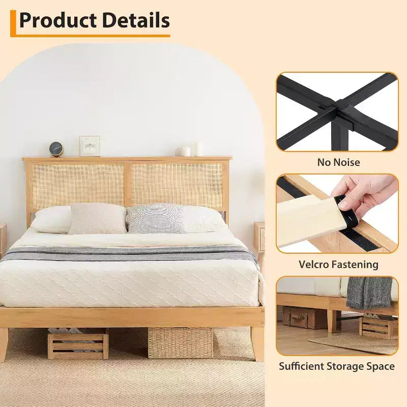 Struttura letto King Size in Rattan, Struttura letto matrimoniale in Rattan con Testiera Naturale, Luci a LED, Base in Legno con Doghe Silenziose, Nessuna necessità di Rete a Molle