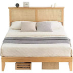 Struttura letto King Size in Rattan, Struttura letto matrimoniale in Rattan con Testiera Naturale, Luci a LED, Base in Legno con Doghe Silenziose, Nessuna necessità di Rete a Molle