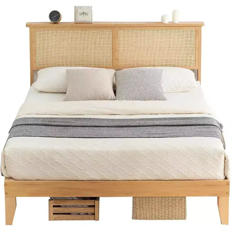 Struttura letto King Size in Rattan, Struttura letto matrimoniale in Rattan con Testiera Naturale, Luci a LED, Base in Legno con Doghe Silenziose, Nessuna necessità di Rete a Molle