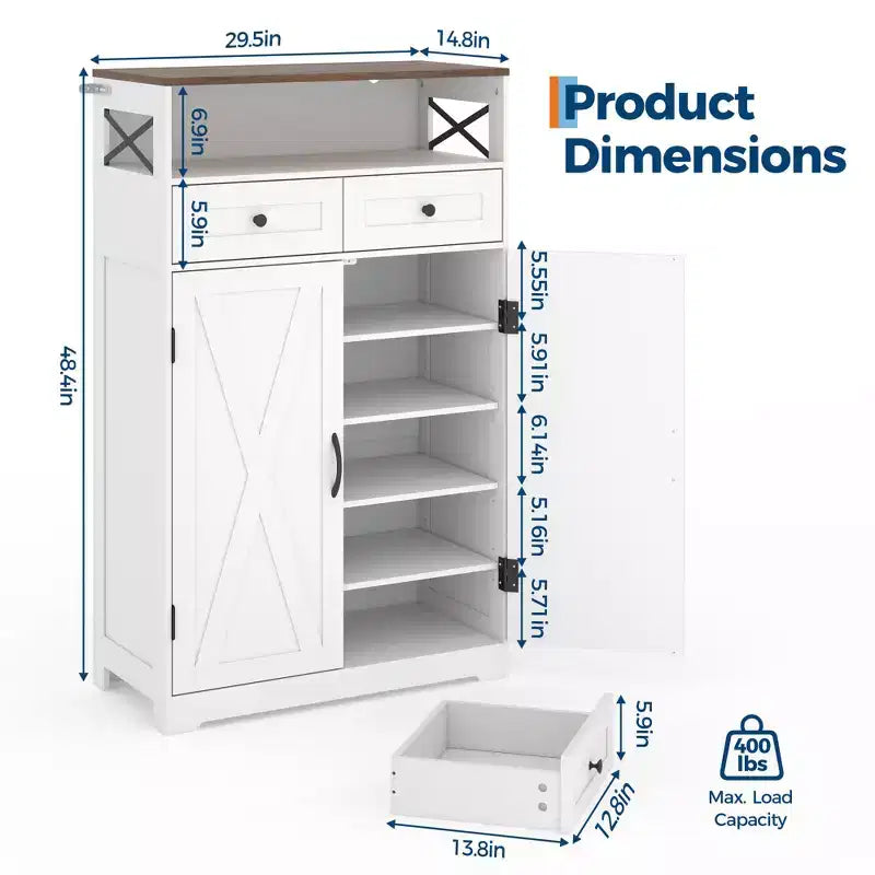 Mobile scarpiera moderno stile farmhouse per ingresso, scarpiera organizer stretta autoportante con cassetti, ante e ripiani regolabili, per soggiorno