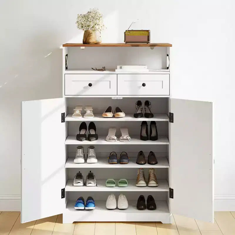 Mobile scarpiera moderno stile farmhouse per ingresso, scarpiera organizer stretta autoportante con cassetti, ante e ripiani regolabili, per soggiorno