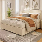Bed Frame, Full Size Platform Bed with 4 Storage Drawers, Upholstered Channel Tufted Wingback Headboard, Wooden Slats Support, No Box Spring Needed